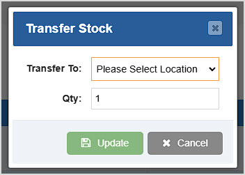Image showing the Transfer Stock window of the Item Inventory page of the Bottle POS Admin with a transfer destination being selected.