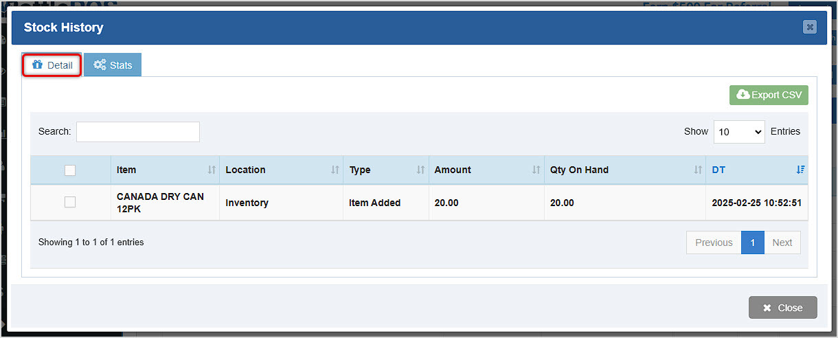 Image showing the Stock History window of the Item Inventory page of the Bottle POS Admin with the Detail tab highlighted.