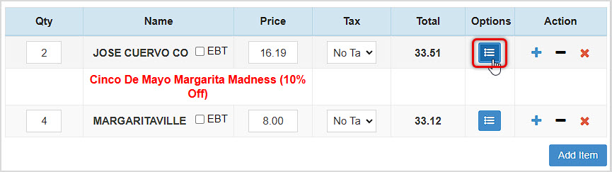 Image showing the the Bottle POS Register with the Options button for an item in the transaction highlighted.