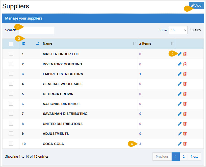 Image of the Suppliers page of the Bottle POS Admin, with the main features highlighted.