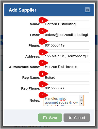 Image of the Add Supplier window of the Bottle POS Admin with the data entry fields highlighted.