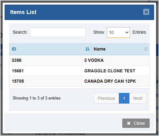 Image of the Items List window of the Bottle POS Admin.