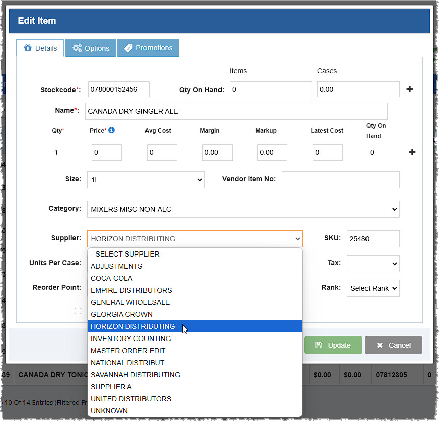 Image showing the Edit Item window of the Bottle POS with the Supplier drop-list open and a new Supplier being selected.
