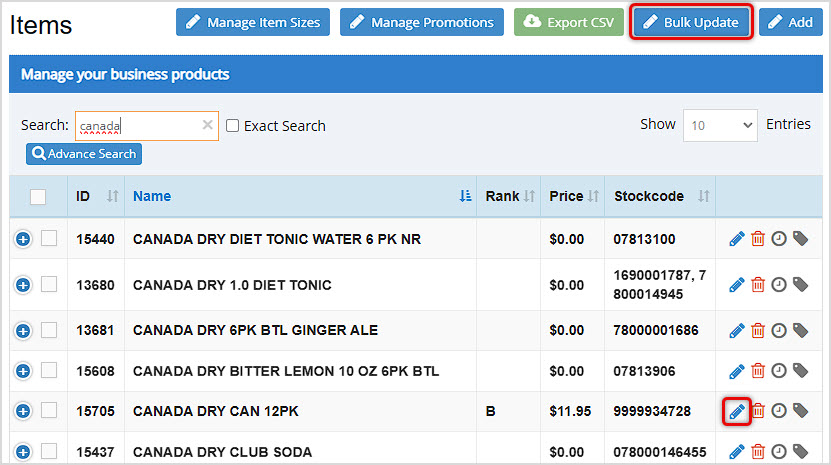 Image of the Items page of the Bottle POS Admin highlighting Bulk Update and Edit functions.