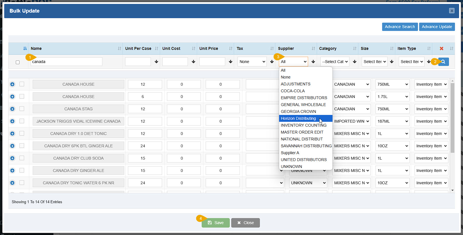 Image showing the Bulk Update items window of the Bottle POS with major functions highlighted.