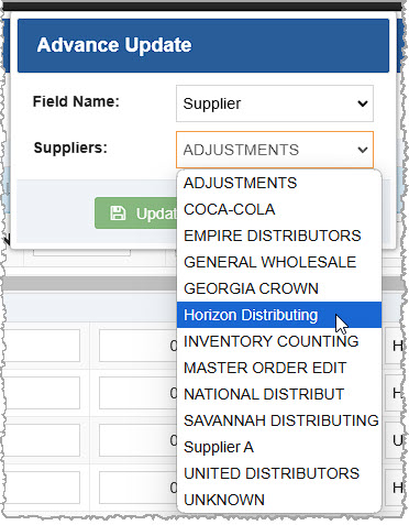 Image showing the Advanced Update window of the bulk edit area featuring the Supplier advanced editing function.