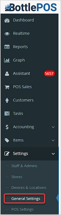 Image showing the Bottle POS Admin app's main menu with the General Settings area highlighted.
