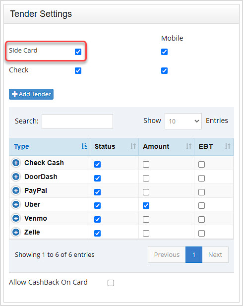 Image of the Tender Settings window of the Bottle POS Admin app highlighting the Side Card configuration area.