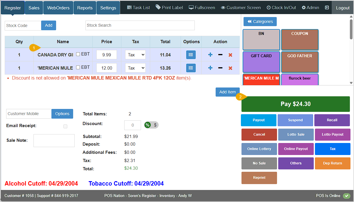 Image showing the Bottle POS Register with items for purchase and the Pay button highlighted.
