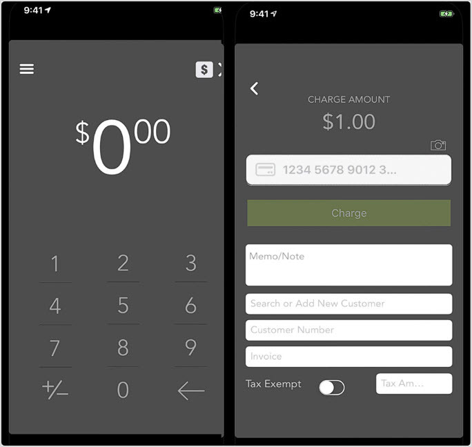 Image of the MX Merchant Express app credit card charge screen.