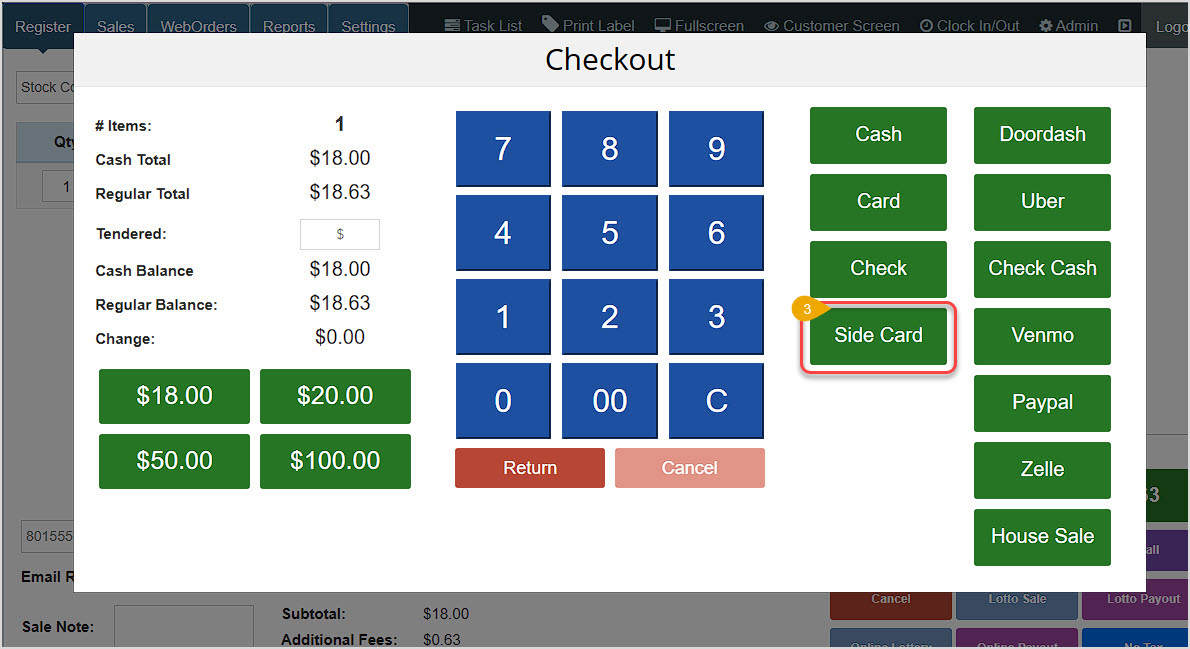 Image showing the Checkout window of the Bottle POS Register with the Side Card payment tender button highlighted.